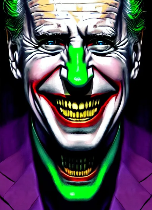 Image similar to portrait of joe biden as the joker, green hair, intricate, elegant, glowing lights, highly detailed, digital painting, artstation, concept art, sharp focus, illustration, art by wlop, mars ravelo and greg rutkowski