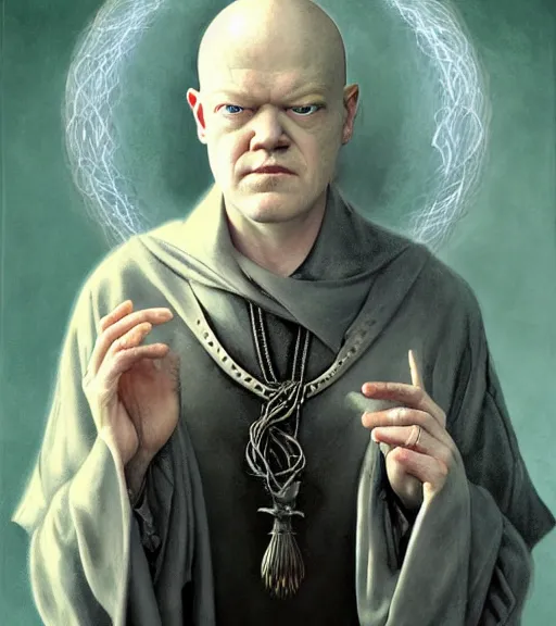 Image similar to A Magical Portrait of Jesse Plemons as Aleister Crowley the Great Mage of Thelema, art by Tom Bagshaw and Wayne Barlowe and John Jude Palencar