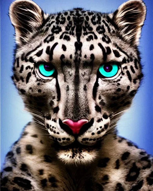 Prompt: natural light, soft focus portrait of a cyberpunk anthropomorphic snow leopard with soft synthetic pink skin, blue bioluminescent plastics, smooth shiny metal, elaborate ornate head piece, piercings, skin textures, by annie leibovitz, paul lehr