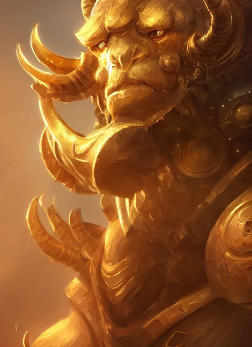 Image similar to a highly detailed illustration of gentle colossal golden horned mechanical giant, with cute doting eyes, intricate, elegant, highly detailed, centered, digital painting, artstation, concept art, smooth, sharp focus, league of legends concept art, wlop.