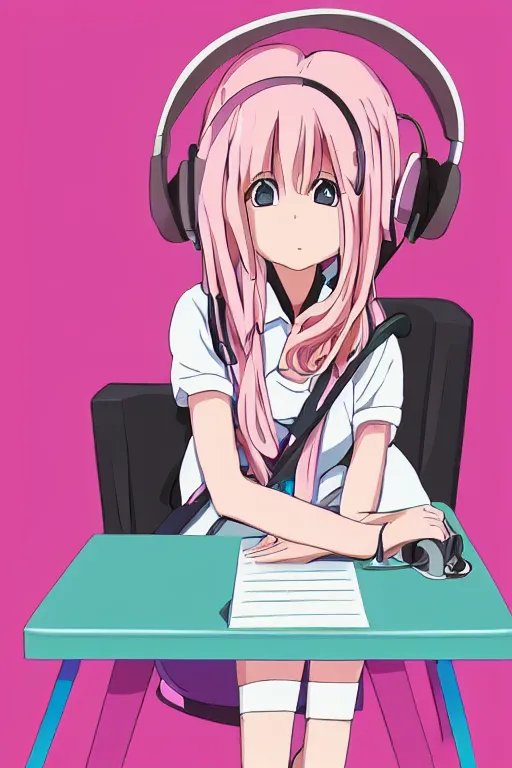 Image similar to high definition anime portrait of a pink haired anime schoolgirl sitting at a desk studying with headphones on, lo-fi art, by Studio Ghibli, trending on artstation, sharp high quality anime, digital art, photoshop, proportionate