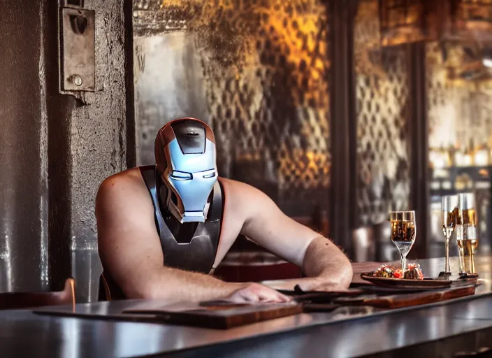 Prompt: a reflective steel engineering mask of ironman at a high end bar in a table, medieval themed castle in golden afternoon light, professional food photography