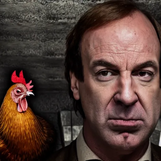Image similar to saul goodman and a rooster in a medieval torture chamber, saw blades and knives in the background!!, horror movie, saul goodman!!!!!, rooster!!!!!, real life photo, detailed face