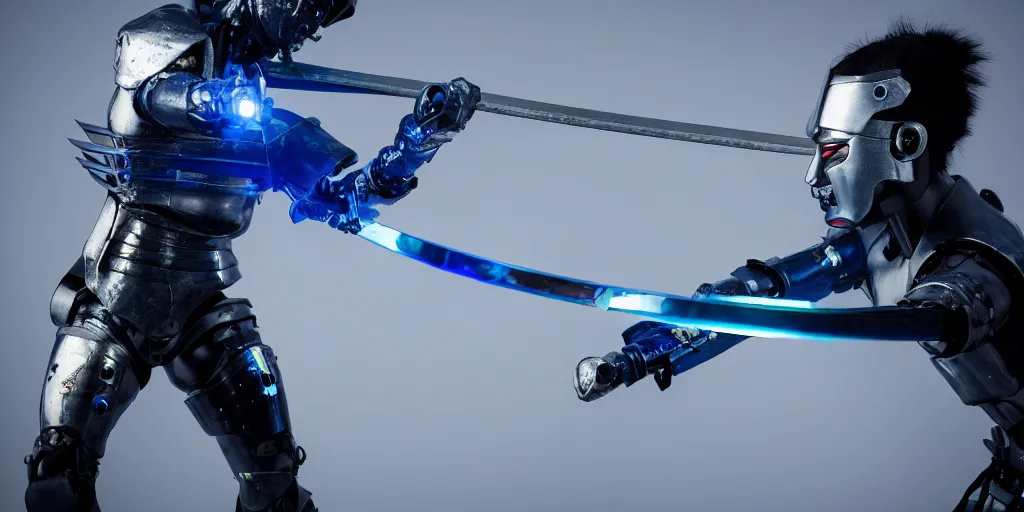 Prompt: a photo of cyborg samurai slashing a training dummy with a blue katana, futuristic, holographic, 8k, sharp focus, fujifilm