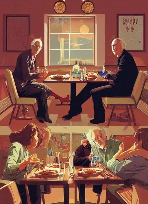 Prompt: poster artwork by Michael Whelan and Tomer Hanuka, Karol Bak of Larry David sitting along in the diner, from scene from Twin Peaks, clean, simple illustration, nostalgic, domestic, full of details