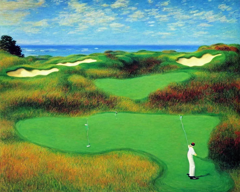 Image similar to achingly beautiful painting of pacific dunes golf course by rene magritte, monet, and turner.