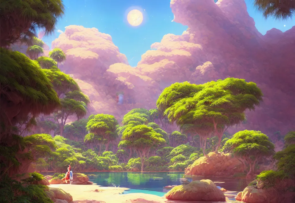 Image similar to a small oasis in the desert, rocks, small lake, palm trees, bushes, a planet in the sky, intricate oil painting, high detail illustration, sharp high detail, manga and anime 1 9 9 9, official fanart behance hd artstation by jesper ejsing and makoto shinkai, 4 k,