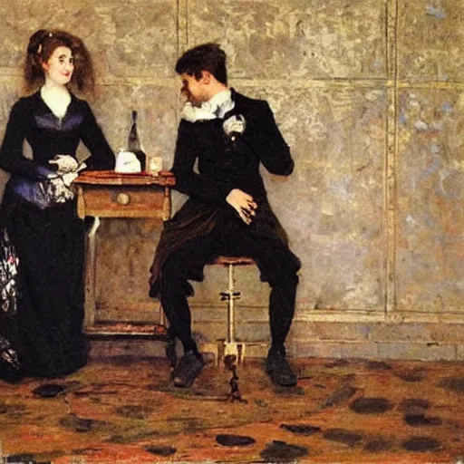 Image similar to a man and a woman solving an escape room puzzle alfred stevens