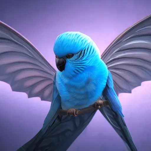 Image similar to an oil painting of a blue budgie with dragon wings, hd, hdr, ue 5, ue 6, unreal engine 5, cinematic 4 k wallpaper, 8 k, ultra detailed, high resolution, artstation, award winning