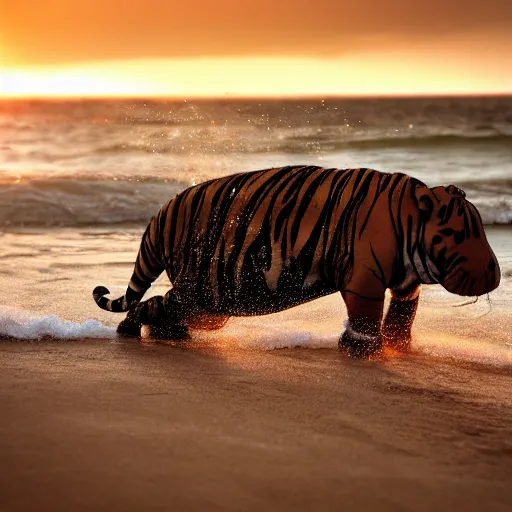 Image similar to a closeup photorealistic photograph of a cute stylish tiger hippo playing volleyball at the beach during sunset. Surf in the background. This 4K HD image is Trending on Artstation, featured on Behance, well-rendered, extra crisp, features intricate detail and the style of Unreal Engine.