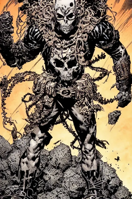 Image similar to A full body portrait of a new antihero character standing on skulls art by Marc Silvestri and Jim Lee, trending on artstation, ominous, mysterious