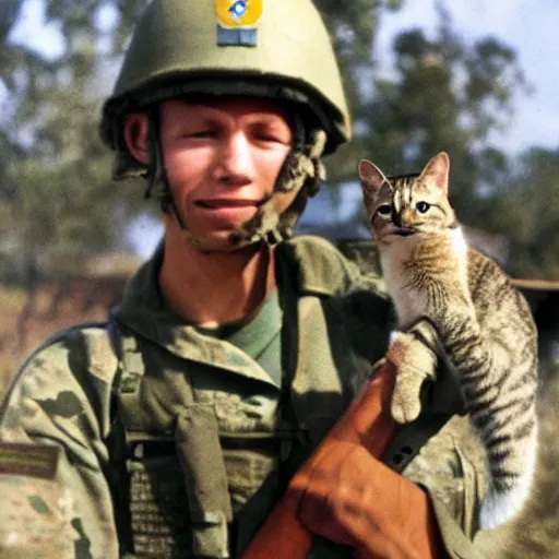 Prompt: a house cat anthropomorphized as an american soldier in the vietnam war