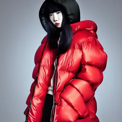 Prompt: extremely beautiful photograph of a young pretty korean woman wearing huge oversized very baggy large puffer jacket in the style of vetements, well lit, studio lighting, glossy, vogue, very realistic and beautiful fashion photography, moncler genius, balenciaga, yeezy, kanye west, balenciaga, vetements