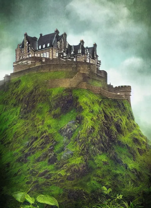 Prompt: a beautiful digital graphics design portrait of Edinburgh castle overgrown with plants, caledonian forest, matte painting, fantasy art, highly detailed