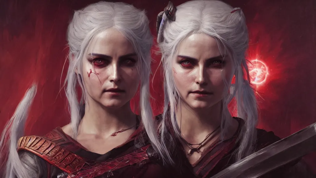 Prompt: demon ciri from the witcher dressed as a samurai, in the background you can see the universe. by Daniel F. Gerhartz, hyperrealistic oil painting, 4k, studio lightning, very detailed face