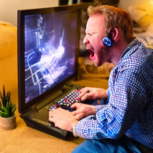 Image similar to crazy scottish man getting angry playing a computer game, photo real, dslr camera, 4 k, ray tracing