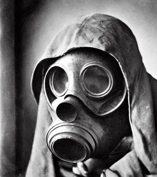 Image similar to a man in hooded gas mask, ww1 film photo, grainy, high detail, high resolution