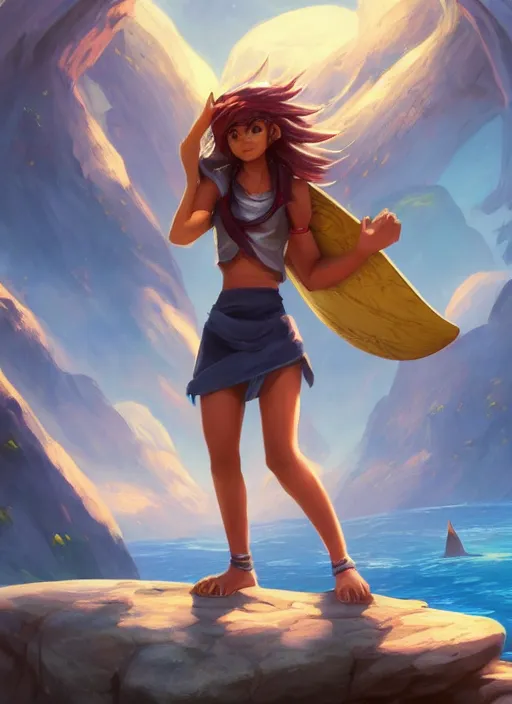 Prompt: youthful taliyah, from league of legends, au naturel, surfing a rock, with abs, hyper detailed, mountain background, digital art, trending in artstation, cinematic lighting, studio quality, smooth render, unreal engine 5 rendered, octane rendered, art style by klimt and nixeu and ian sprigger and wlop and krenz cushart