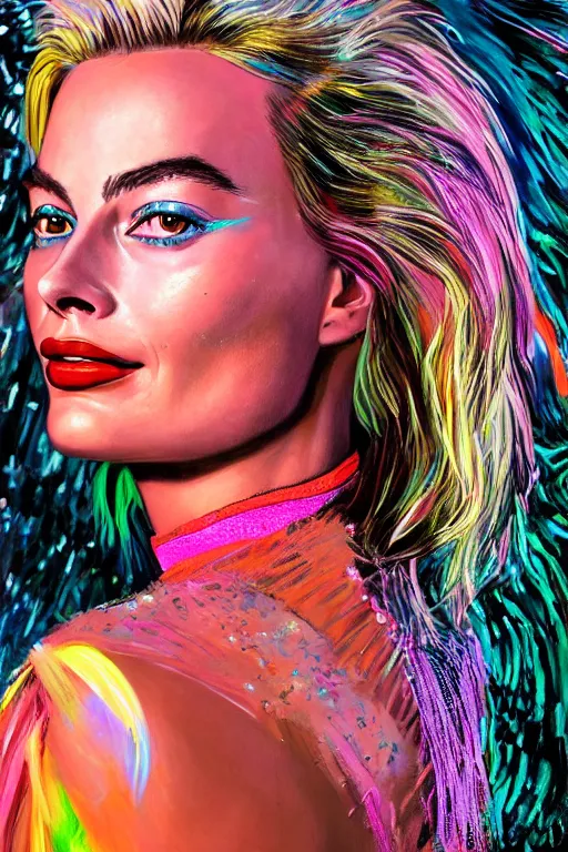 Image similar to Detailed portrait of beautiful Margot Robbie strong neon lighting, extravagant feathered collar, futuristic, by glenn fabry, hyper realistic, HD, oil on canvas