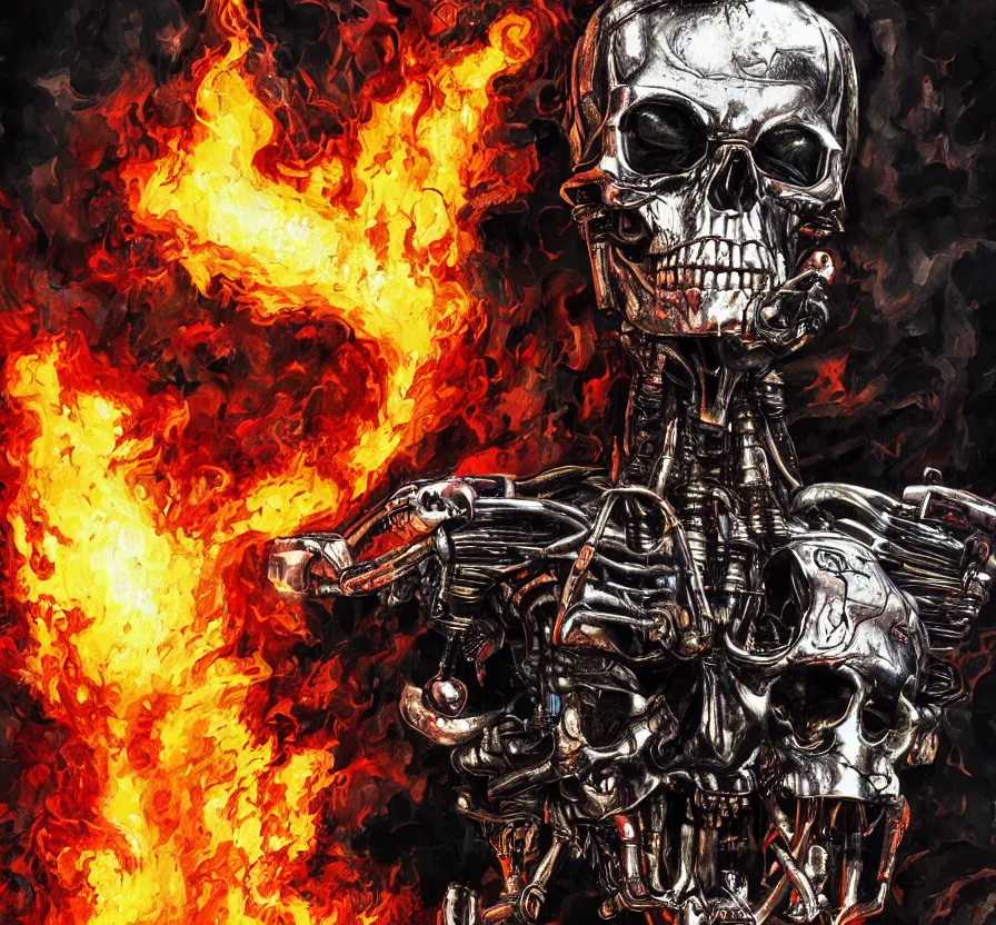 Image similar to terminator skull on flaming town, background, acrilic paint, digital, artstation, detailed, intricate, ink, illustration, heavenly atmosphere