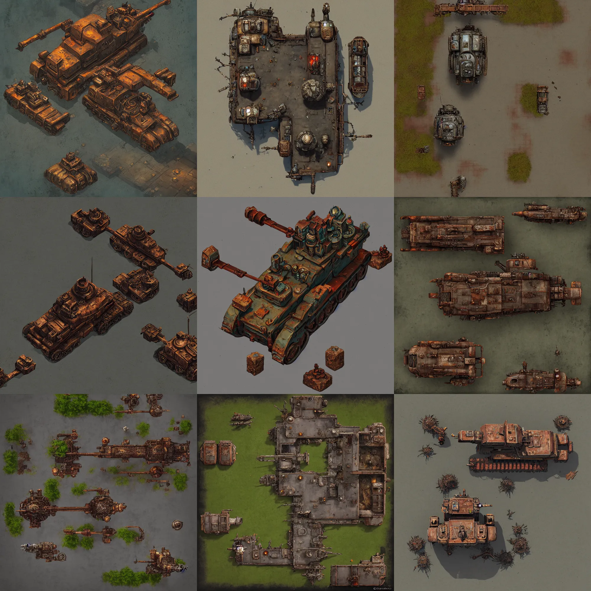 Prompt: top down overhead bird's eye view!!! | | digital painted rusted dieselpunk tank virtual tabletop asset pacl, over 1 0 0 assets!, dungeondraft, roll 2 0, 2 - minute tabletop, battle map prop, black background, unity asset store, by greg rutkowski, trending on artstation