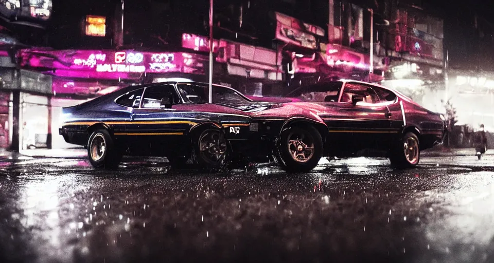 Image similar to close up macro shot of a 1 9 7 3 ford xb falcon gt car on wet city street at night, intricate, hyper detailed, smooth, high contrast, neon, volumetric lighting, octane, moebius, greg rutkowski, blade runner, ripley scott, cindmatic