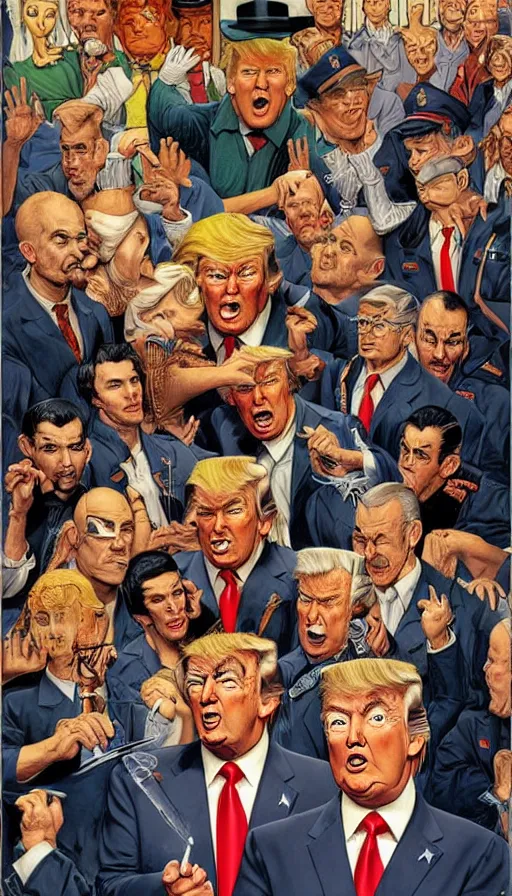 Prompt: donald trump in prison. portrait by clyde caldwell and jean giraud and anton otto fischer and john philip falter and will eisner and gil elvgren