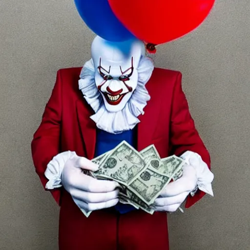 Image similar to Pennywise the clown wearing a suit and holding a stash of banknotes in his hands, full body shot