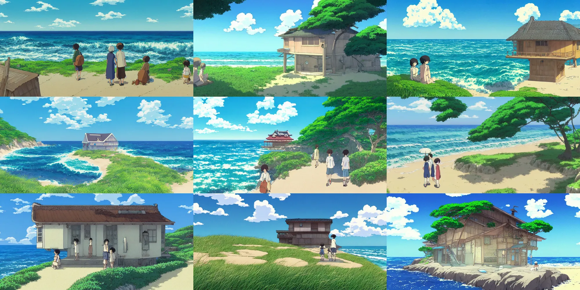 Prompt: atmospheric and nostalgic summer's day storybook painting by studio ghibli of a japanese beach house by the ocean, in the anime film by Makoto Shinkai