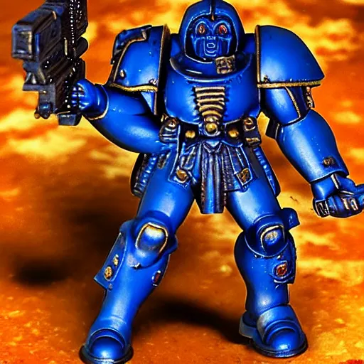 Image similar to An ultramarine who shoots a bolter at a House demon, in the background there are many other ultramarines who also open fire on demons, a very beautiful style,Warhammer Trailer Style 40000, Very detailed picture,