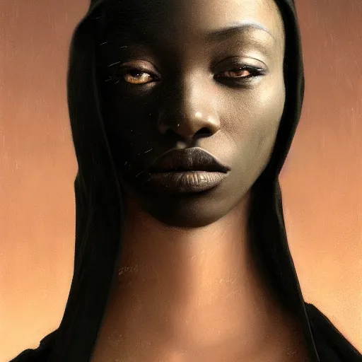 Image similar to a portrait of a young black woman wearing a long dark cloak, hood and shadows covering face, anatomically correct, beautiful perfect face, enigmatic, oil painting, matte painting, black background, Volumetric dynamic lighting, Highly Detailed, Cinematic Lighting, Unreal Engine, 8k, HD, by Beksinski