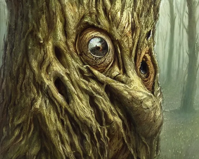 Prompt: a talking tree, a face in the bark, nose made of wood, mouth in the bark, eyes in the bark, fantasy concept art, digital oil painting, hyperrealistic, beautiful, treebeard, ent, magical, highly detailed, very detailed eyes, artstation, cgsociety, in the forest, by alan lee, by artgerm