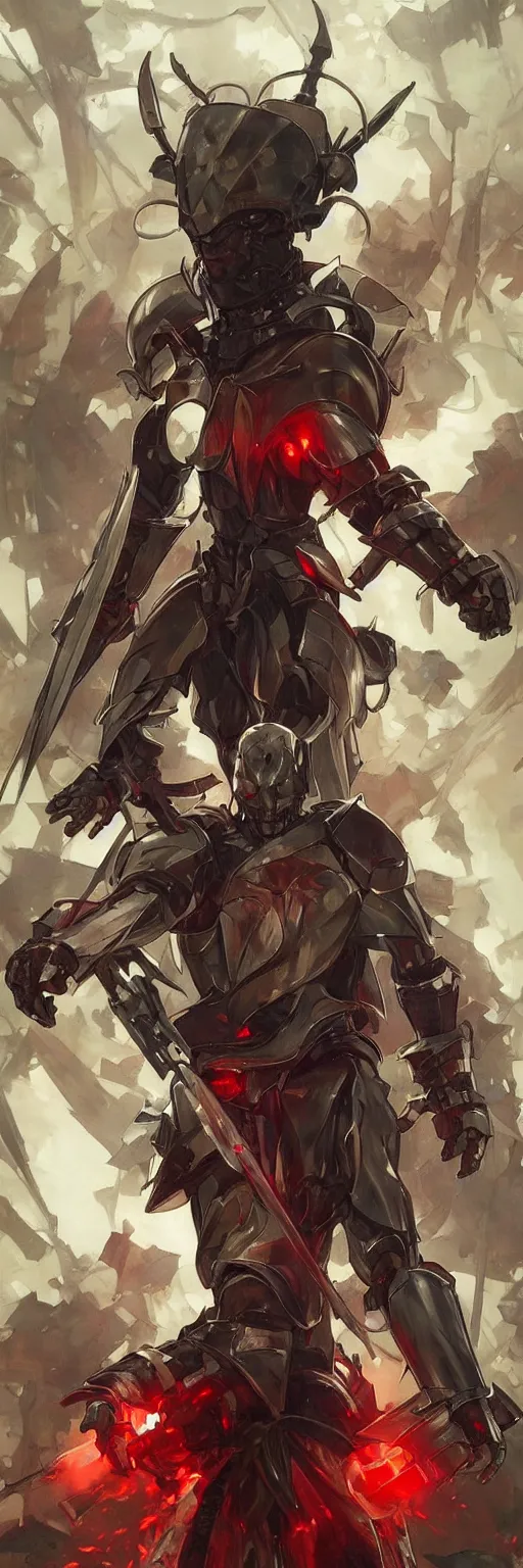 Prompt: A single humanoid knight stood wearing black plate armour, one-eyed, emitting evil red aura, armour merging with body, full body shot, anime style, 90's modern art, art by artgerm and greg rutkowski and alphonse mucha
