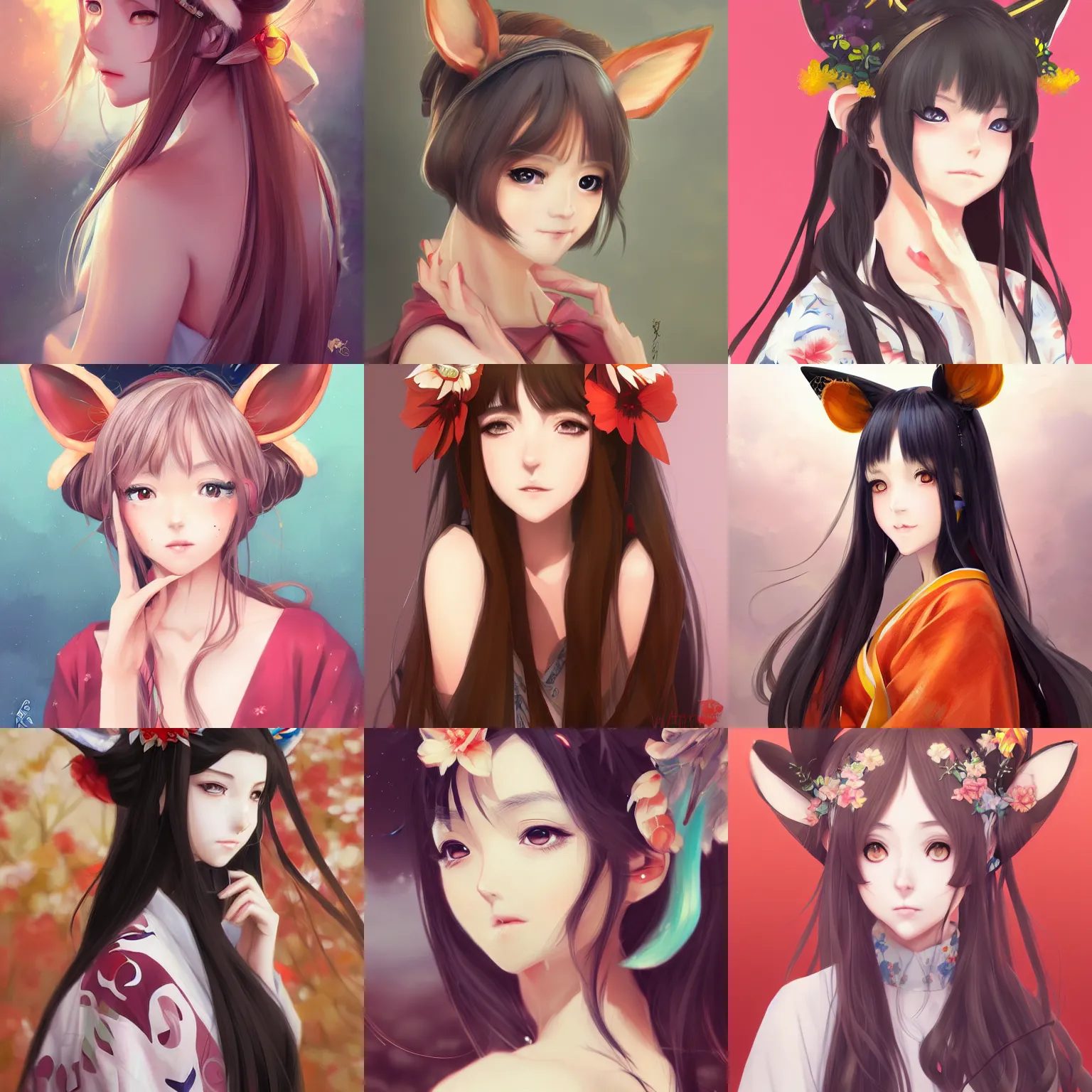 Prompt: A realistic anime portrait of a beautiful young woman with fox ears wearing a kimono, digital painting, by WLOP and Rossdraws, digtial painting, trending on ArtStation, deviantart