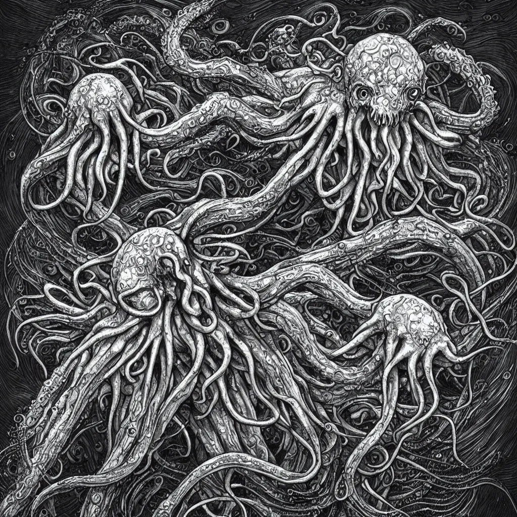 Image similar to close-up macro portrait of a Cthulhu versus the kraken and other fantastical sea creatures, epic angle and pose, ribcage bones, tenticles, symmetrical artwork, lots of eyes 3d with depth of field, blurred background, cybernetic jellyfish female face skull phoenix bird, translucent, nautilus, energy flows of water, bubbles, a highly detailed epic cinematic battle concept art CG render. made in Maya, Blender and Photoshop, octane render, excellent composition, beautiful colour, high contrast, vignette cinematic dystopian brutalist atmosphere, dynamic dramatic cinematic lighting, aesthetic, very inspirational, arthouse. Greg Rutkowski, Ilya Kuvshinov, WLOP, Stanley Artgerm Lau, Ruan Jia and Fenghua Zhong