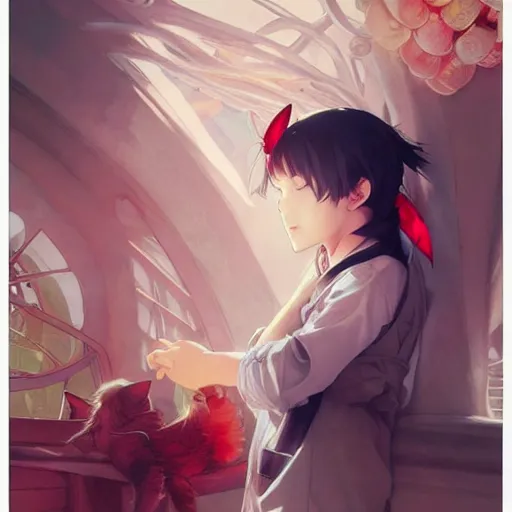 Prompt: beatiful woman wearing cat ears with big sack, and a little boy wearing white shirt and red tie, anime key visual, intricate, stunning, highly detailed, digital painting, artstation, smooth, hard focus, illustration,, art by artgerm and greg rutkowski and alphonse mucha