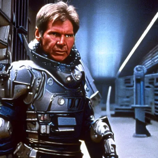 Prompt: movie still, 1 9 8 0 s, harrison ford as armored alien hunter, hyperdetailed, by ridley scott and john carpenter, blue leds