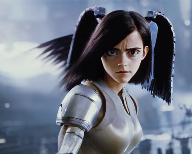 Image similar to a film still from battle angel alita played by actress emma watson, futuristic, cinematic lighting, photorealistic, highly detailed, photorealistic, high resolution