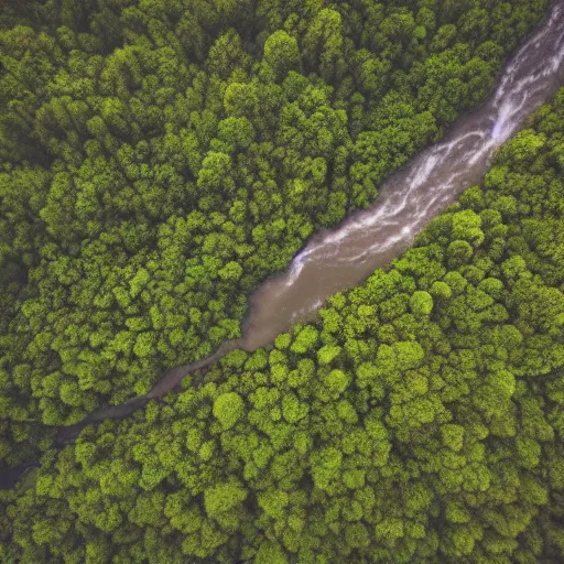 Prompt: aerial photo river, deep forests
