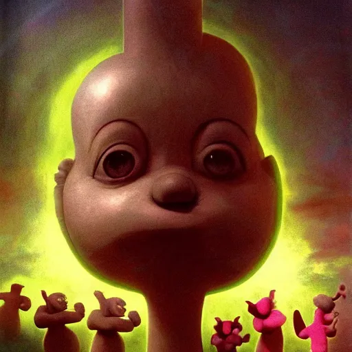 Prompt: The Teletubbies go to Hell, psychedelic art, demonic, fullbody, artstation, dark fantasy, concept art, horror, evil, smooth, sharp focus, illustration, art by greg rutkowski and orientalism and bouguereau and Zdzislaw Beksinski, good clear quality, lighting, biology, symmetrical artwork, perfect face, 135 mm, cinematic, hyper realism, high detail, octane render, 8k, chrome accents