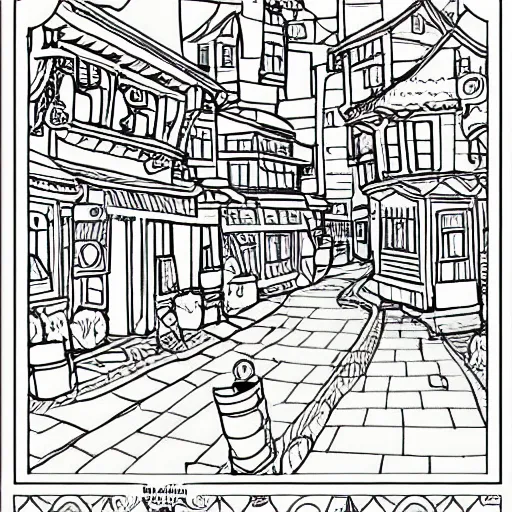 Prompt: an adult coloring page studio ghibli style town