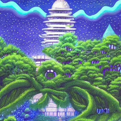 Prompt: Beautiful city of the future in harmony with nature. Beautiful detailed grainy painting by Lurid. (2022)