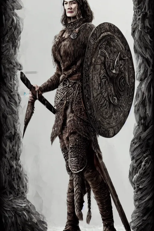 Image similar to lena headey as a viking berserker, detailed full body portrait, amazing detail, intricate, elegant, photorealistic, 4K, character design, fantasy, trending on artstation