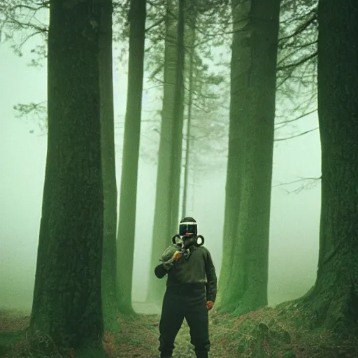 Prompt: high realistic photo portrait 5 men with gas masks in a foggy forest, cinestill 800t 35mm, heavy grain, high quality