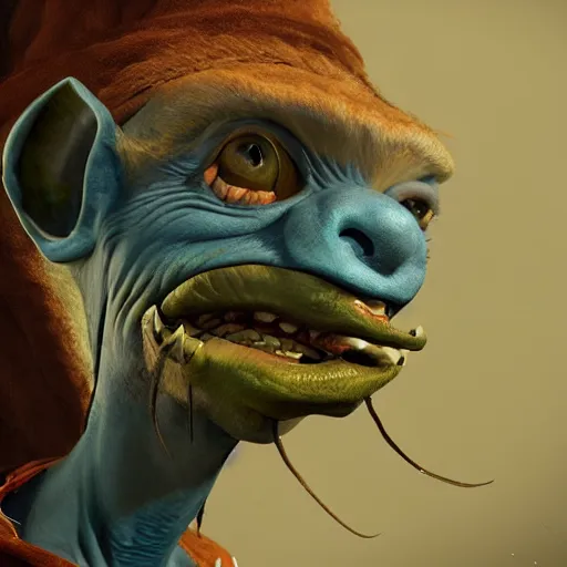 Image similar to a beautiful painted portrait of a happy blue goblin creature with a monocle by james gurney | centered | unreal engine :. 1