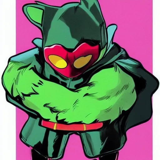 Image similar to A ferret is a superhero, cute green cape, black mask, red suit, he's fighting a villain, comic book art