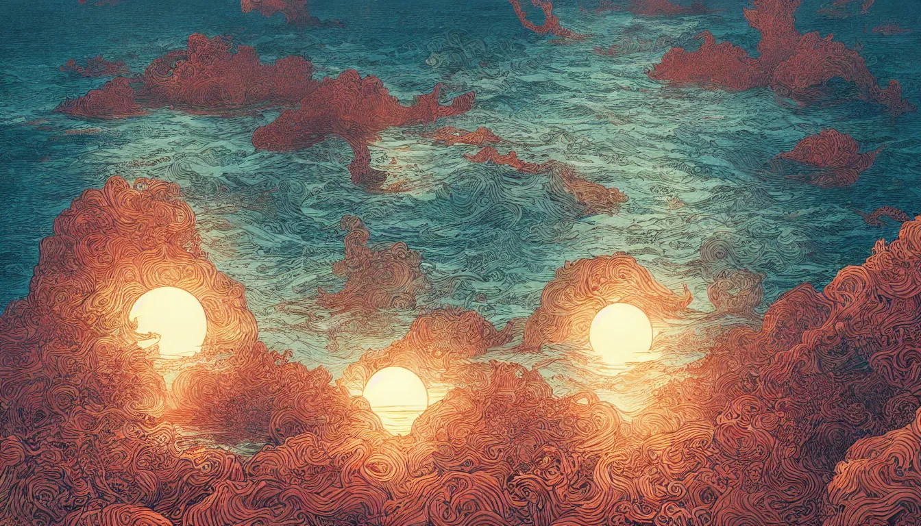 Image similar to open ocean with setting sun, chinese ink brush, yukio - e, kilian eng, victo ngai, josan gonzalez