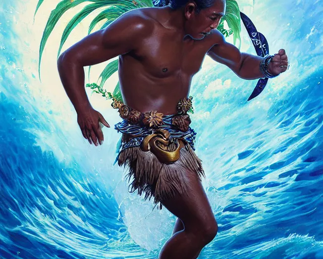 Prompt: duke kahanamoku as a hawaiian warrior emerging from a surrounded intergalactic planets connected by streams of multiversal flow, sigma male, gigachad, lush garden, diamond head backdrop, visually stunning, luxurious, by wlop, james jean, jakub rebelka, tran nguyen, peter mohrbacher, yoann lossel