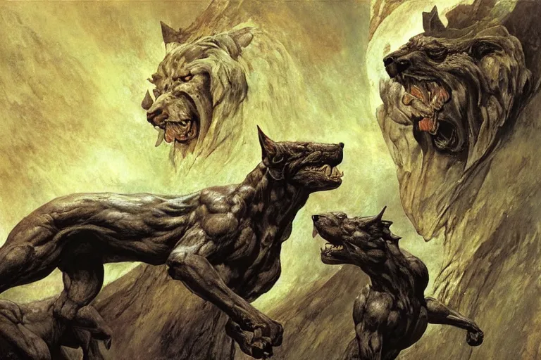 Image similar to hyperdetailed matte art of cerberus by william blake, ilya repin, amano, rene magritte, craig mullins