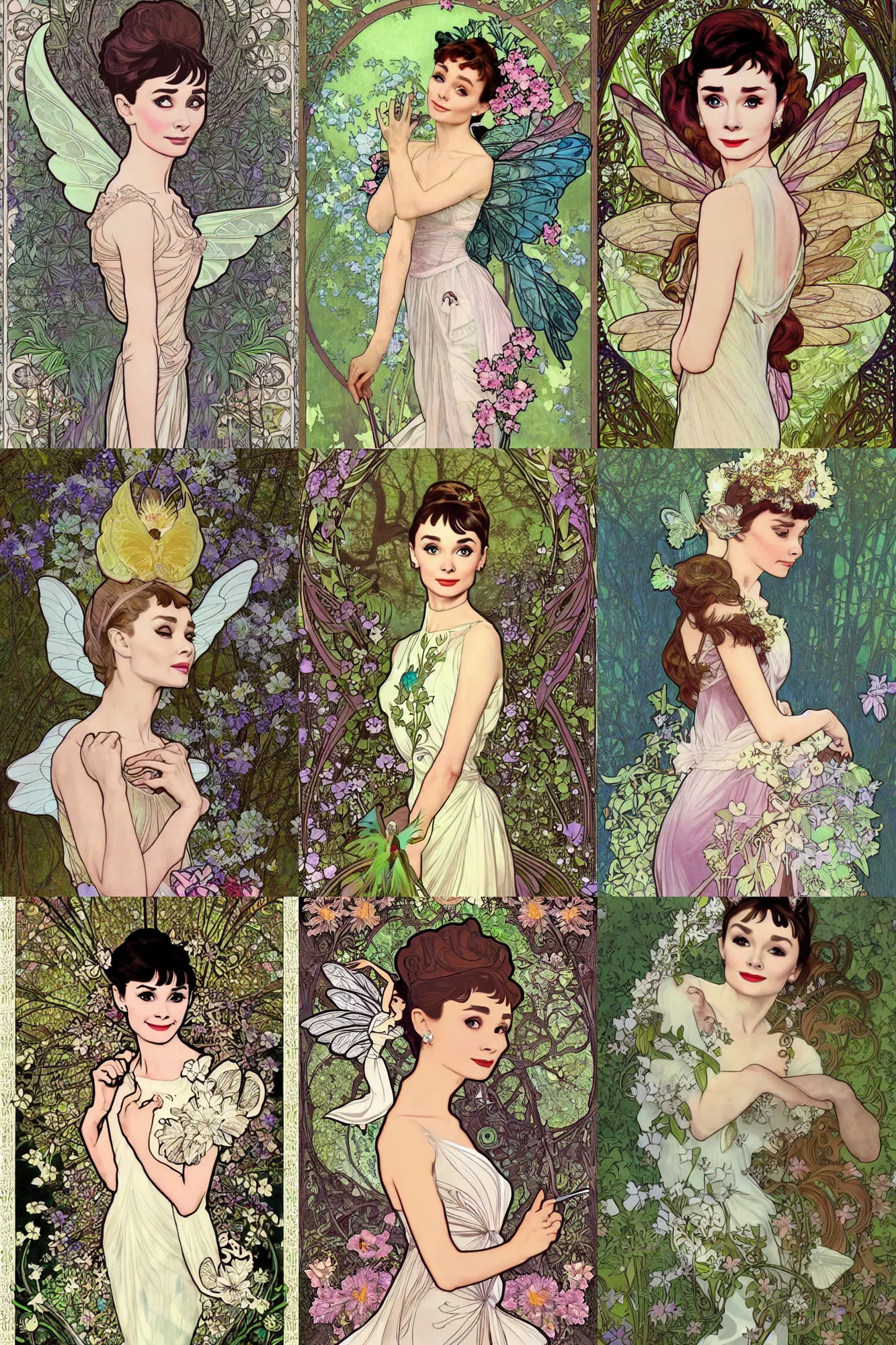 Prompt: audrey hepburn as a fairy with wings, digital art, inspired by artgerm and tinkerbell, border and embellishments by alphonse mucha, classic beauty, flowers in hair, angelic, standing in the forest